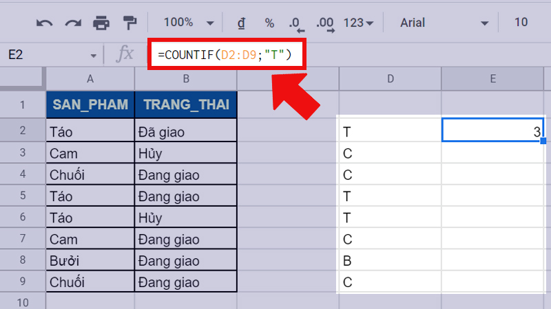 Sử dụng COUNTIF để đếm số lượng chữ “T”