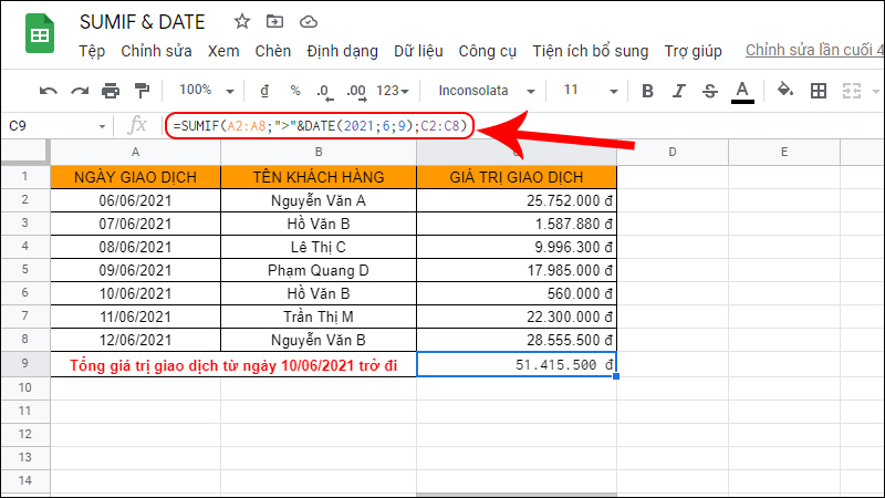 Cách kết hợp hàm SUMIF và hàm DATE