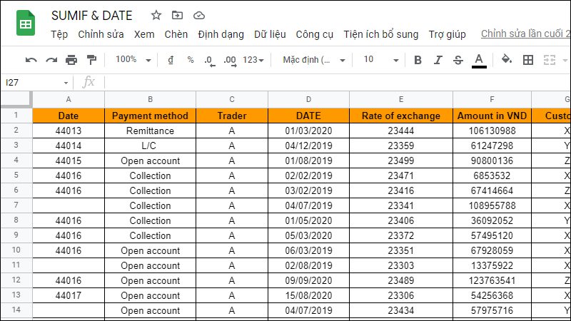 Bài tập ví dụ về kết hợp hàm SUMIF và hàm DATE