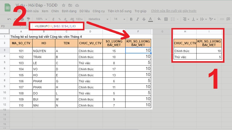 Ví dụ về hàm VLOOKUP trong tìm và chỉ định giá trị tương ứng