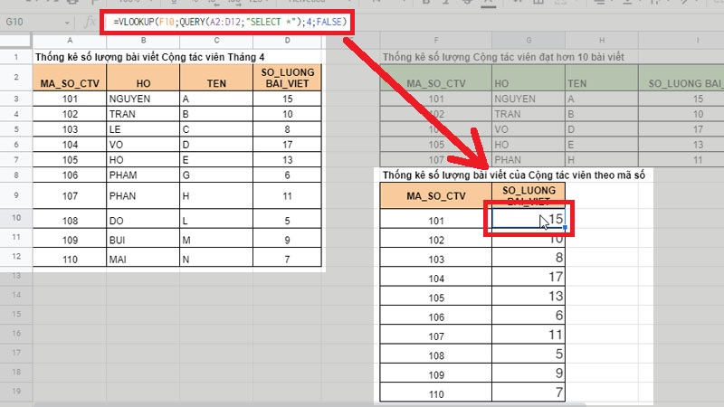 Kết hợp hàm QUERY trong hàm VLOOKUP