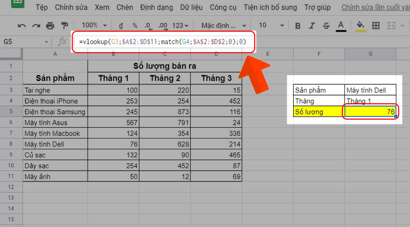 Ví dụ kết hợp hàm MATCH và VLOOKUP