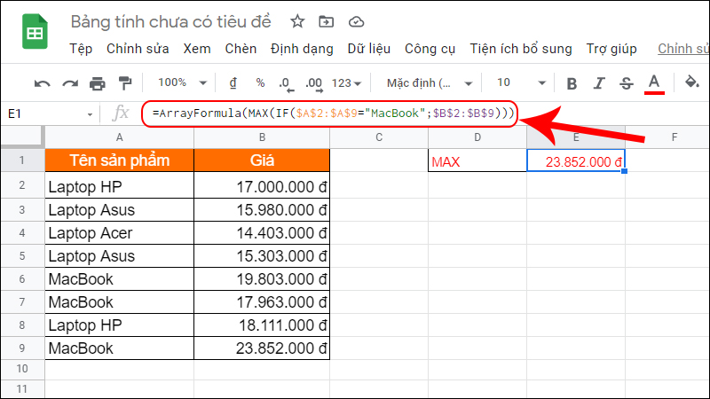 Ví dụ về kết hợp hàm IF và hàm MAX