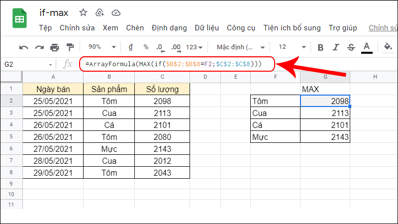 Sử dụng hàm IF kết hợp hàm MAX trong Google Sheet