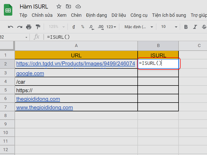 Nhập công thức ISURL vào ô