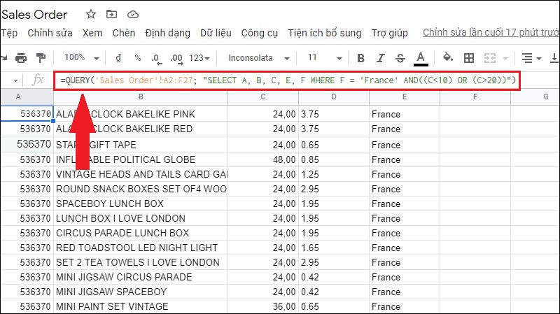 Truy vấn nhứng hóa đơn ở France và có giá trị cột số lượng nhỏ hơn 10 hoặc lớn hơn 20