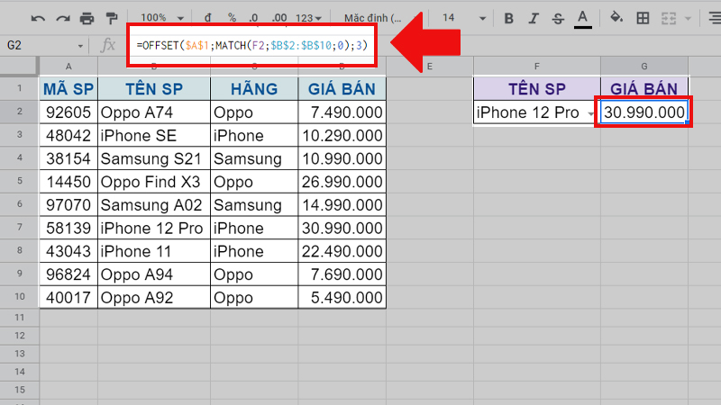 Kết hợp hàm MATCH và OFFSET