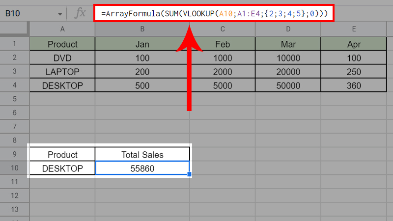 Kết hợp hàm SUM và hàm VLOOKUP trong Google Sheet để tính tổng sản lượng mặt hàng DESKTOP