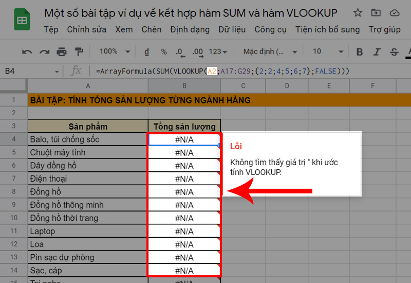 Lỗi #N/A xảy ra khi hàm không tìm thấy dữ liệu cần tìm mà công thức yêu cầu