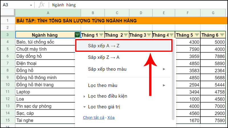 Lọc cột Ngành hàng trong bảng đề cho theo thứ tự tăng dần (từ A đến Z)