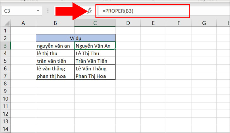 Sử dụng hàm PROPER