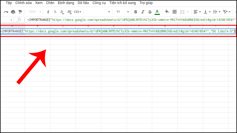 Mở 1 trang tính mới sheet.new trên Google, nhập công thức IMPORTRANGE