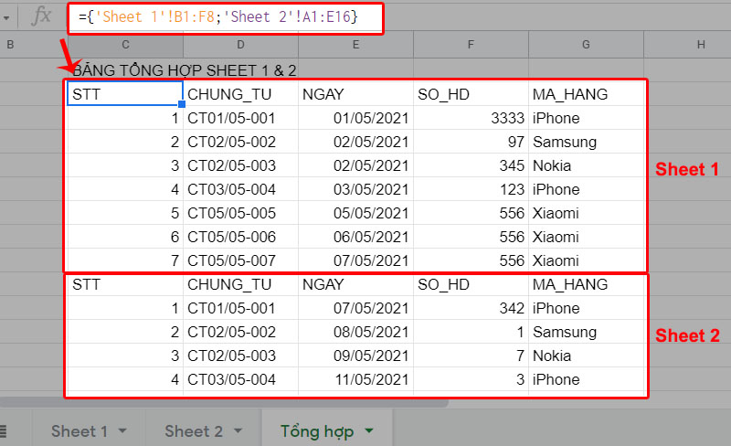 Nối dữ liệu các sheet trên cùng trang tính