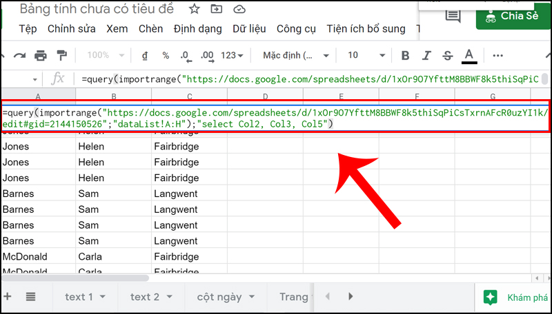 Sử dụng hàm QUERY lồng IMPORTRANGE