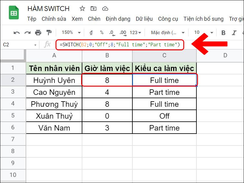 Sử dụng hàm SWITCH với nhiều điều kiện và điều kiện mặc định