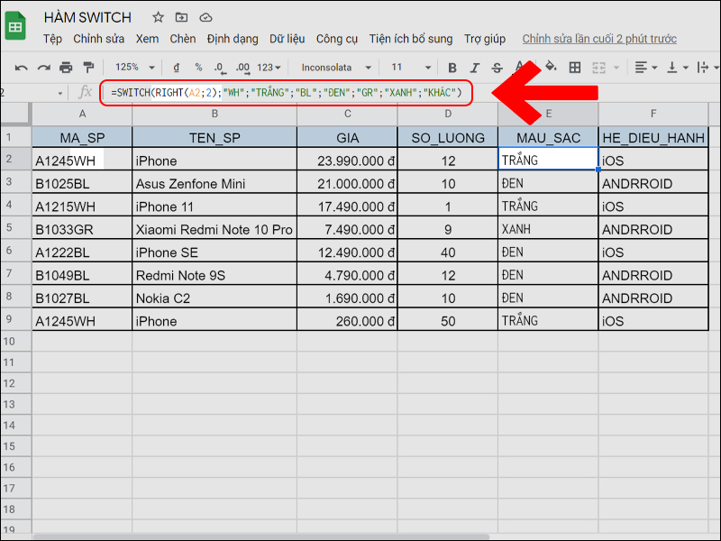 Dùng hàm RIGHT làm tham số cho hàm SWITCH