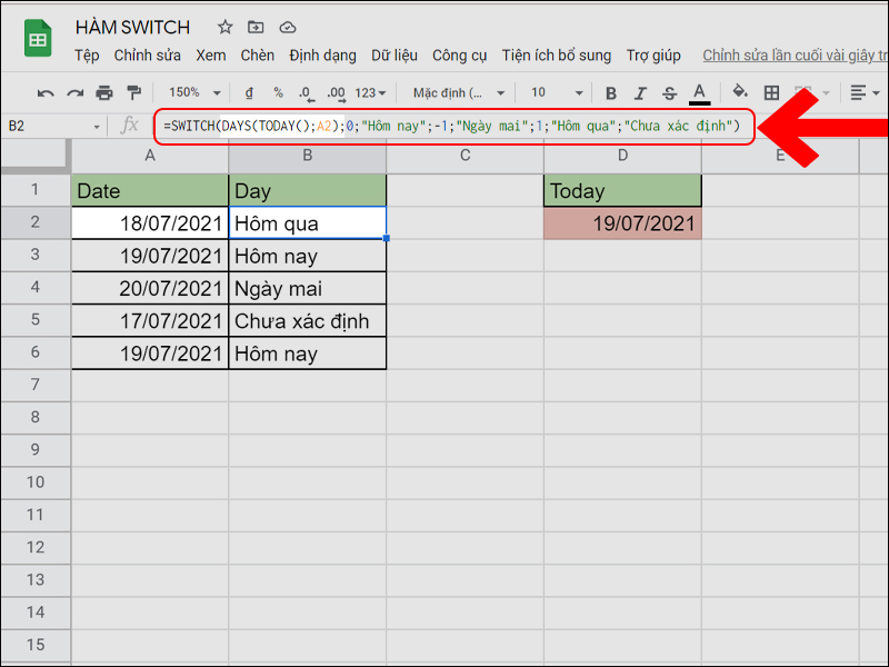 Kiểm tra ngày với hàm SWITCH, DAYS và TODAY