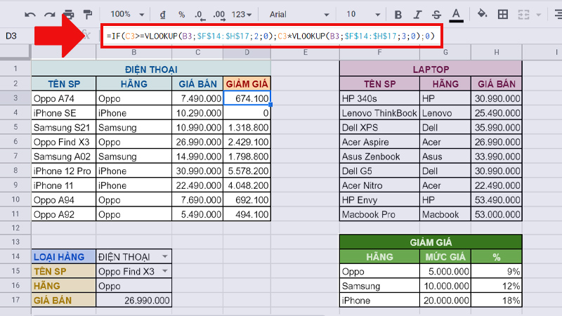 Dùng IF kết hợp VLOOKUP để so sánh giá trị