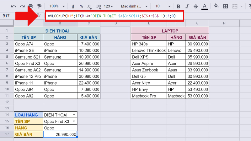 Hàm VLOOKUP lồng Hàm IF