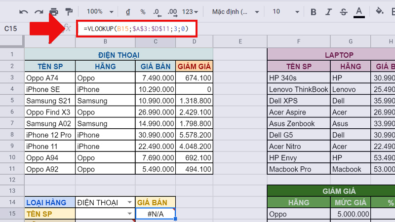 Xuất hiện lỗi #N/A khi sử dụng hàm VLOOKUP