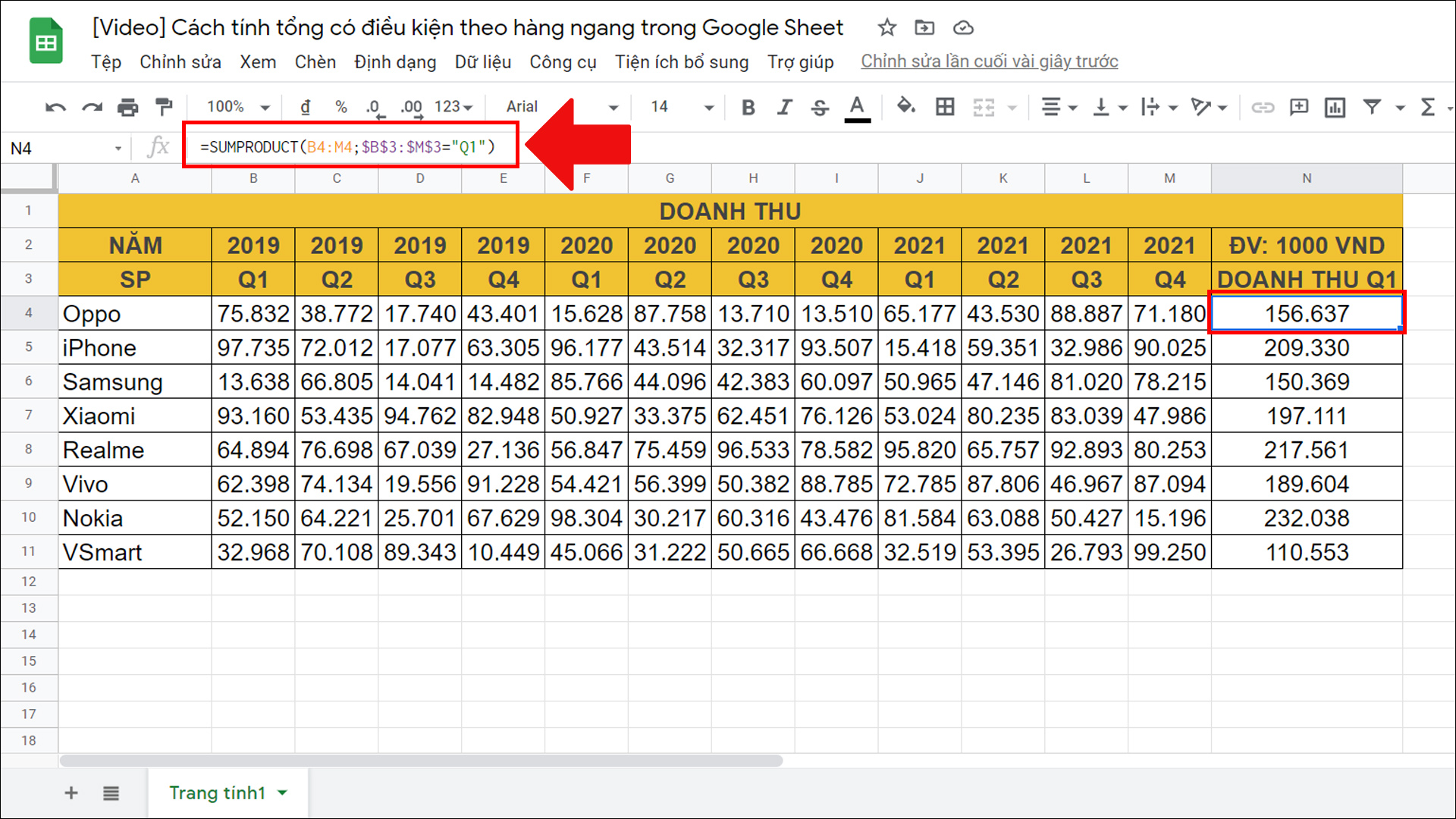 Sử dụng hàm SUMPRODUCT