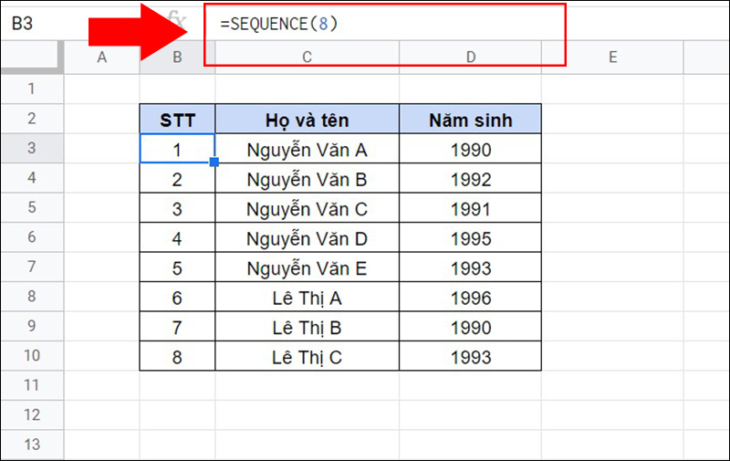 Đánh số thứ tự bằng hàm SEQUENCE