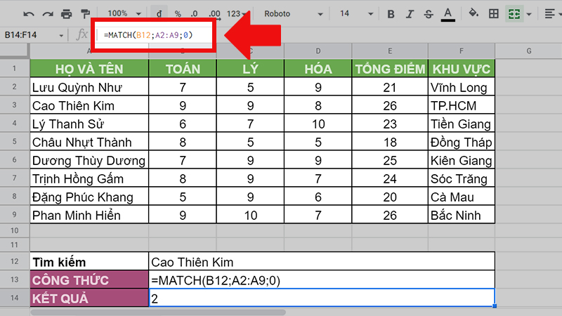 Ví dụ minh họa hàm MATCH