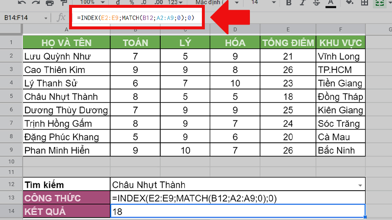 Ví dụ hàm INDEX lồng hàm MATCH