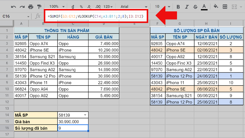 Kết hợp SUMIF với VLOOKUP