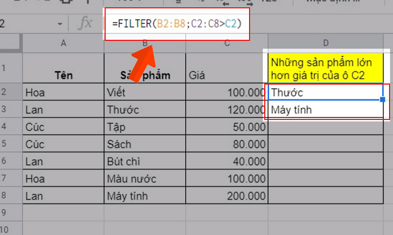 Tìm những sản phẩm có giá trị lớn hơn ô C2