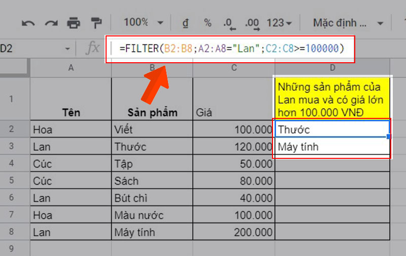 Cách lọc những sản phẩm Lan mua có giá trị trên 100.000