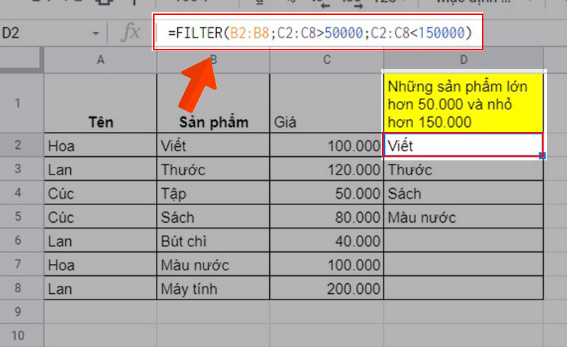 Cách lọc những sản phẩm có giá lớn hơn 50.000 và nhỏ hơn 150.000