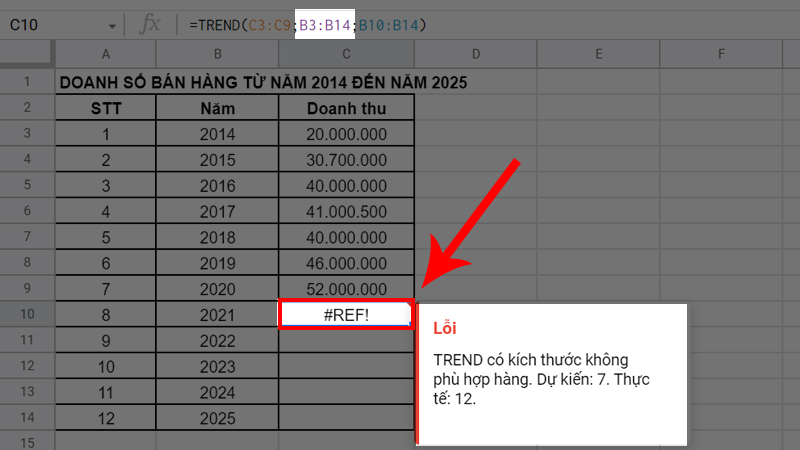 Lỗi #REF do các tham số mảng không có cùng kích thước