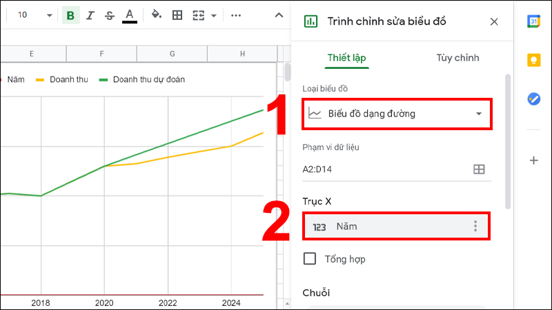 Loại biểu đồ chọn Biểu đồ dạng đường, trục X chọn Năm