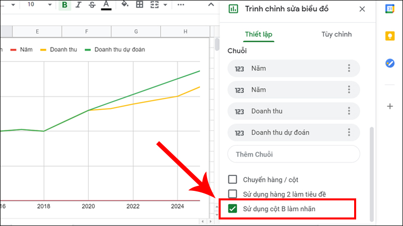 Kéo xuống tick chọn mục Sử dụng cột B làm nhãn