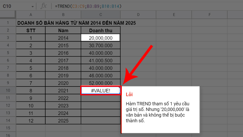 Lỗi #VALUE! do chưa định dạng số cho dữ liệu