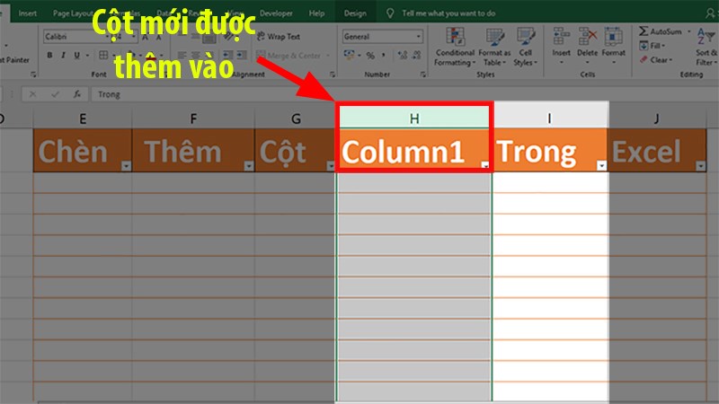 Cột mới xuất hiện với tiêu đề là Column 1