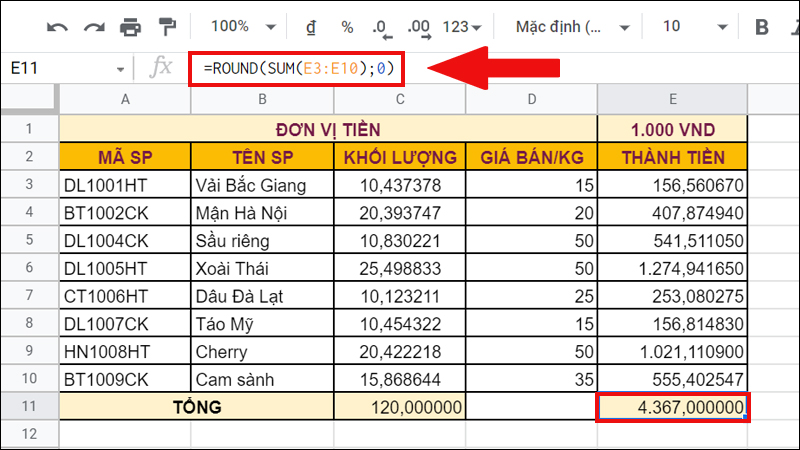 Tính tổng thành tiền các sản phẩm và làm tròn đến vị trí thập phân số 0