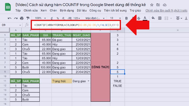 Hàm COUNTIF kết hợp với hàm VLOOKUP