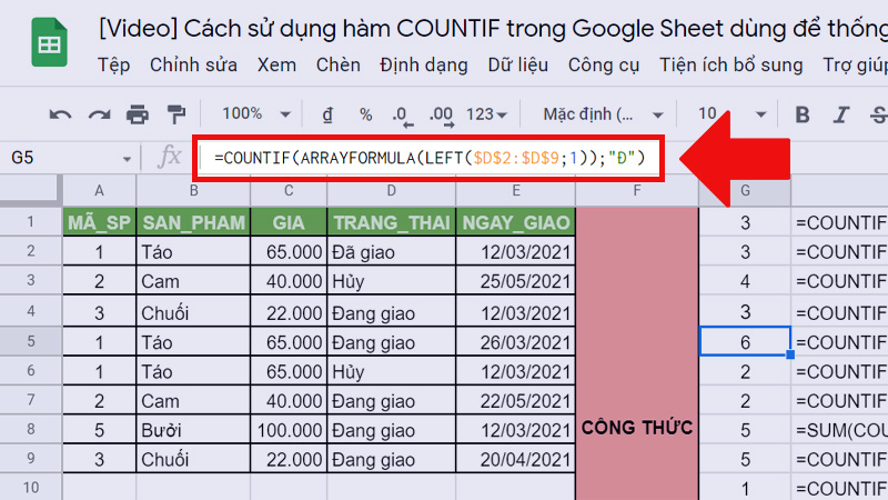 Hàm COUNTIF kết hợp với hàm LEFT