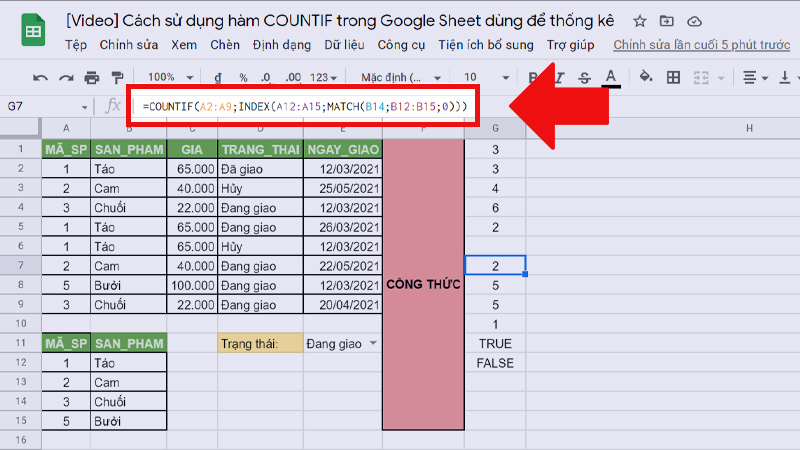 Hàm COUNTIF kết hợp với hàm INDEX, MATCH