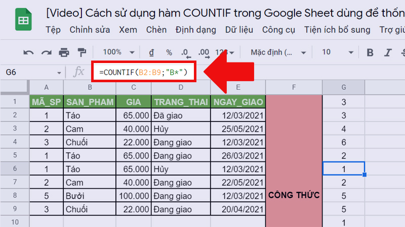 Đếm số ô có chứa bất kỳ văn bản nào bắt đầu bằng chữ “B”