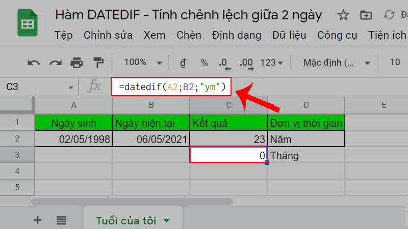 Sử dụng hàm datedif để tìm tháng