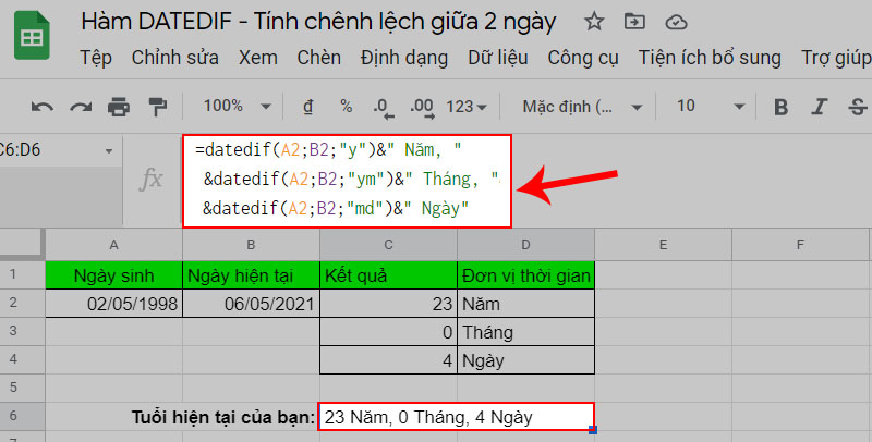 Xuất ra tuổi hiện tại theo số ngày số tháng số năm