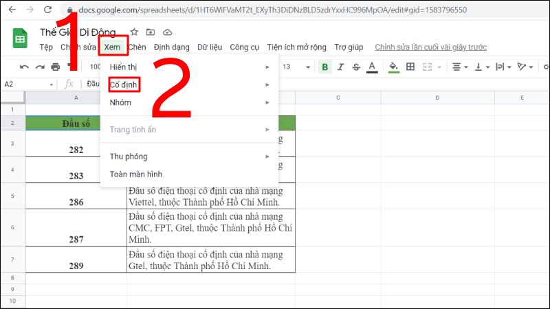 Chọn mục Cố định tại mục Xem trên Google Sheets