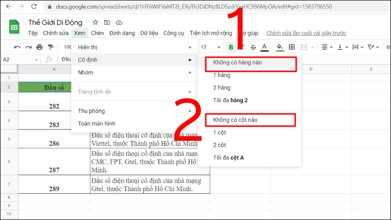 Bạn tiến hành nhấn chọn Không có hàng và Không có cột