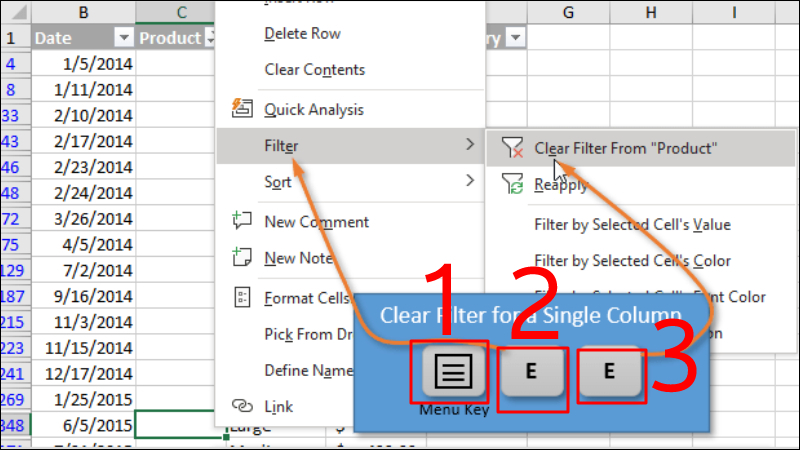 Hình minh họa cho phím tắt để xóa bộ lọc của cột