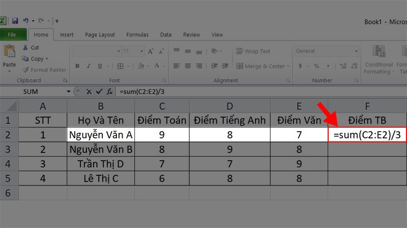 Cách tính trung bình bằng hàm Sum trong Excel