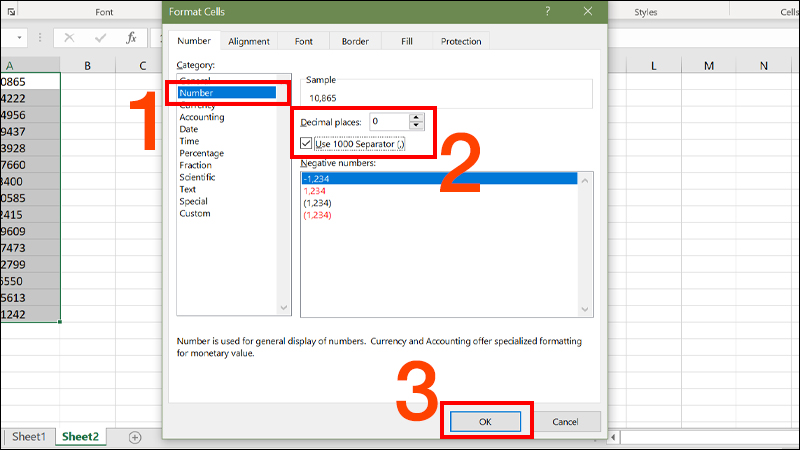 Tích vào Use 1000 Seperator và Chỉnh Decimal places là 0
