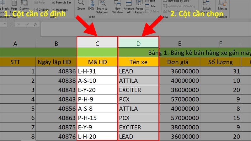 Đi đến ô cuối cùng bạn muốn cố định